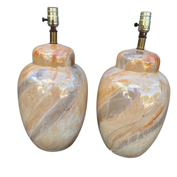 Vintage "Marble" Translucent Glazed Porcelain Table Lamps Pair of 2 Italy - Picture 5 of 8